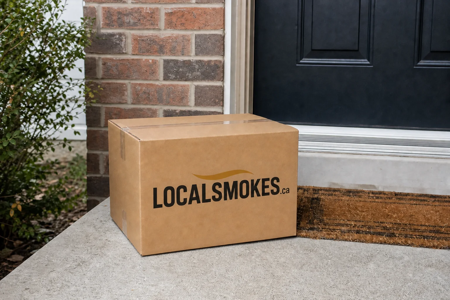 Local Smokes shipping box beside a Canadian front door