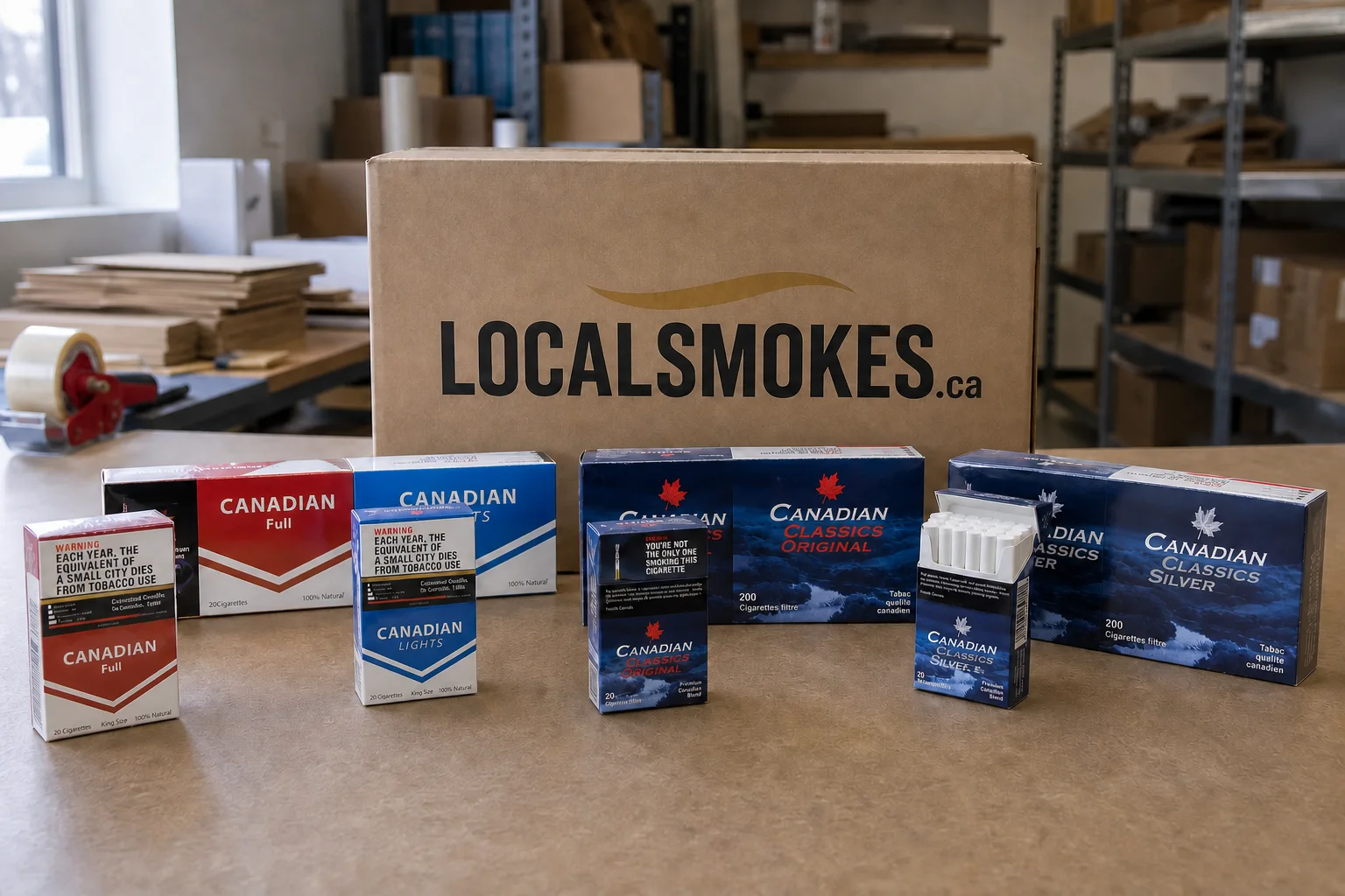 Actual Canadian Full, Lights, Classics Original, and Classics Silver products with a Local Smokes shipping carton