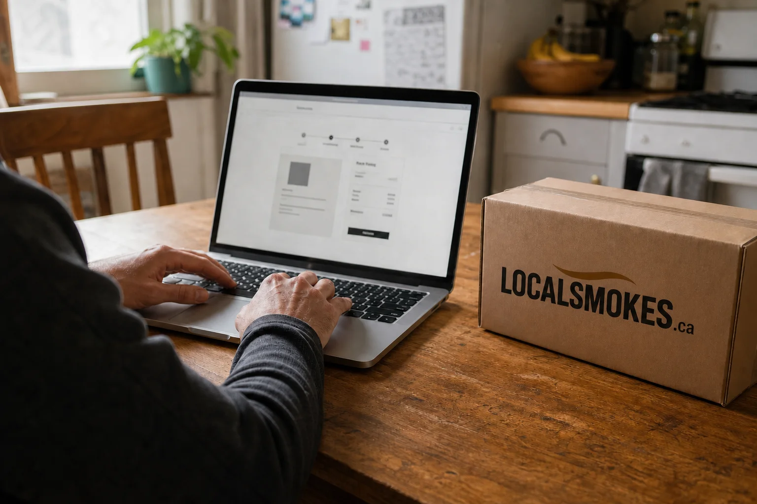 Adult customer placing an online order beside a Local Smokes parcel